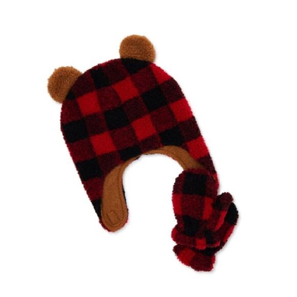 Toddler Boys Plaid Faux Sherpa Hat & Mittens 2-Piece Set - Picture 2 of 5